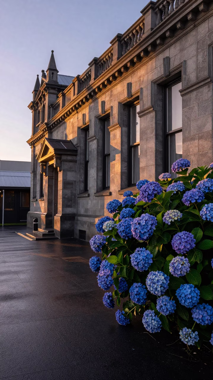 Dawn Light on Auckland Street with Hydrangea Bush and Bakery Display in in Auckland, New Zealand