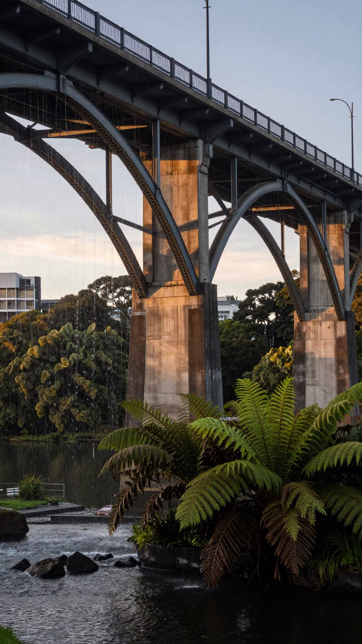 Dawn Light on Auckland Viaduct Arches with Dripping Water and Ferns in in Auckland, New Zealand