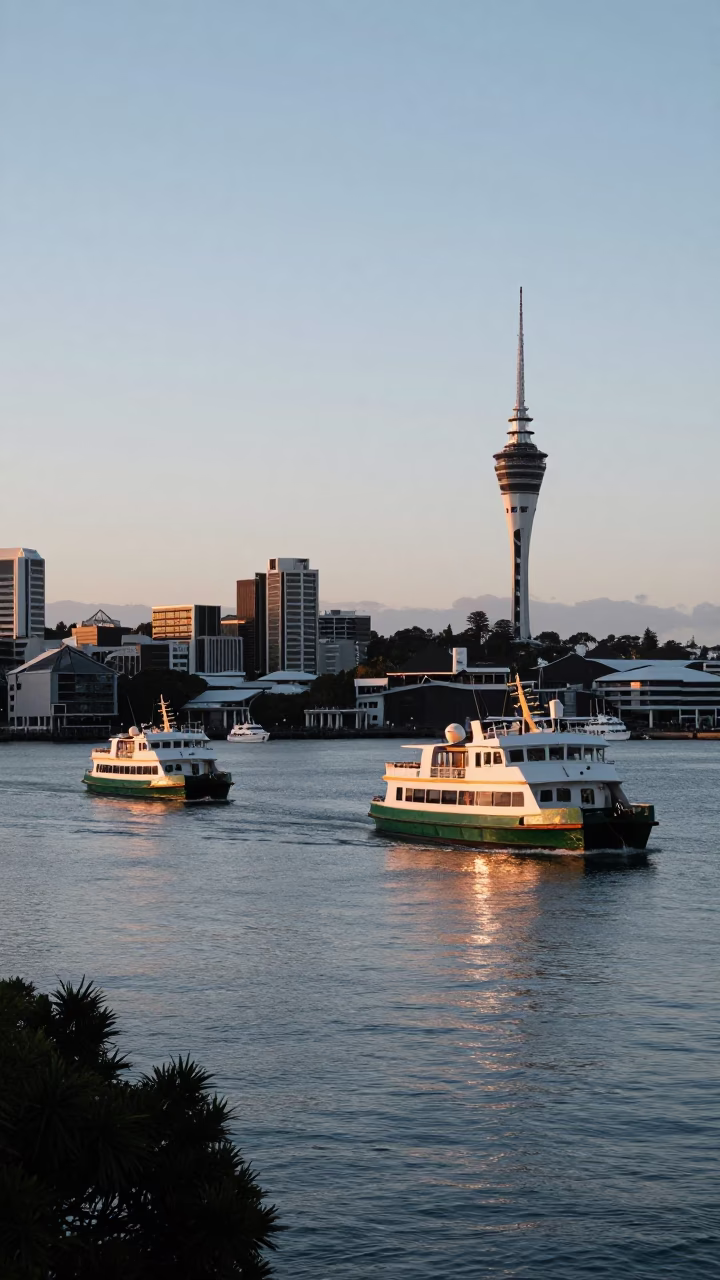 Dawn light on Auckland Viaduct Harbour waterfront with ferry terminal and city skyline in in Auckland, New Zealand