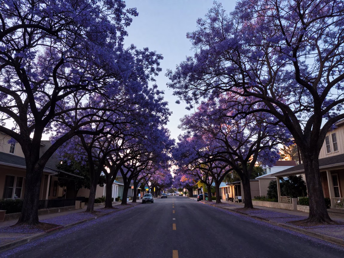 Dawn light on Austin Texas boulevard with jacaranda trees and vintage cars in in Austin, Texas, United States
