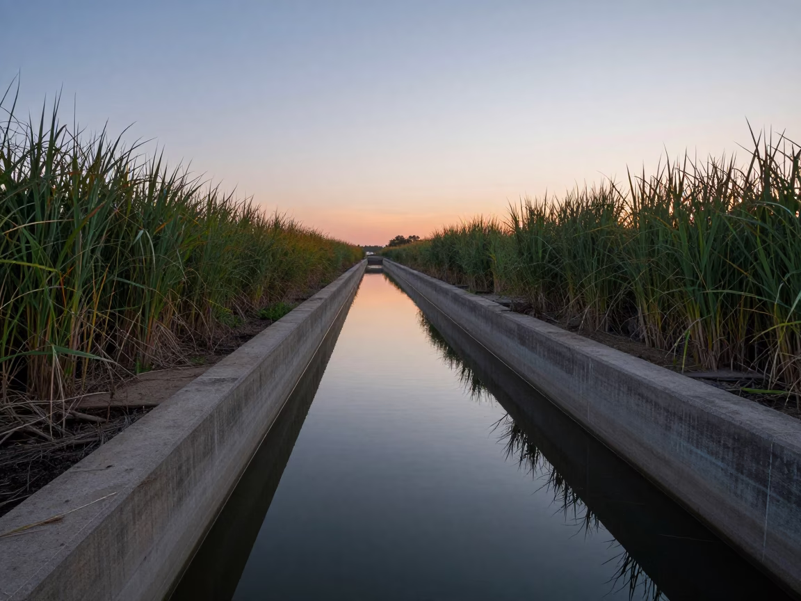 Dawn light on Austin Texas concrete cooling canal with reeds and morning mist in in Austin, Texas, United States
