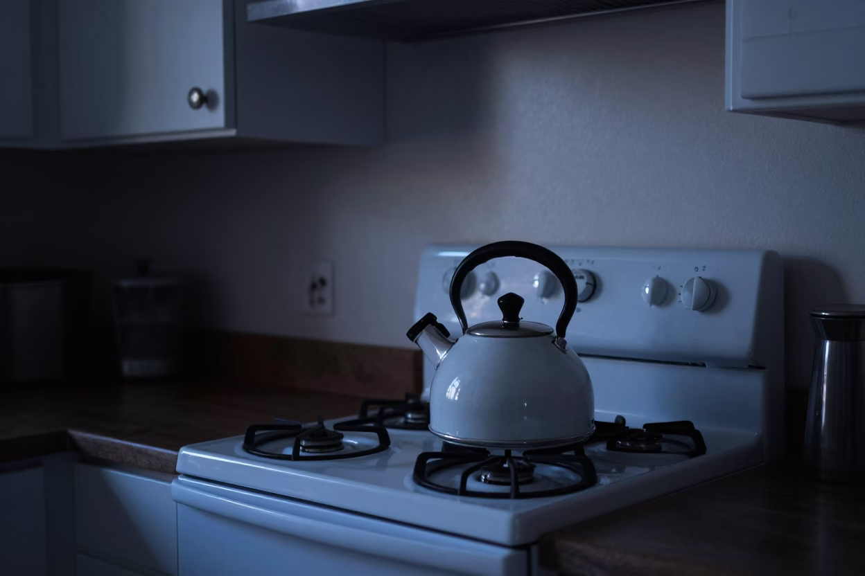 Dawn Light on Austin Texas Kitchen Counter with Stovetop Kettle and Pitcher in in Austin, Texas, United States