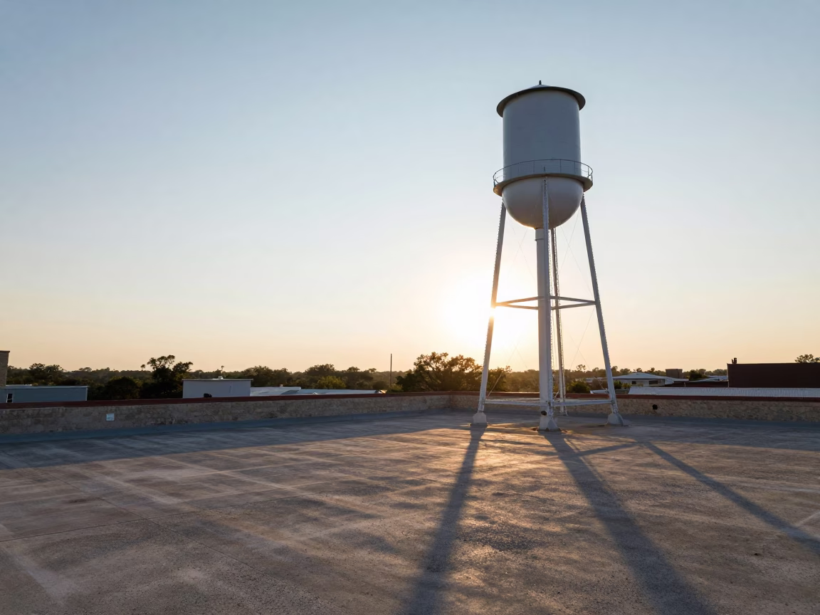 Dawn light on Austin Texas rooftop with water tower and urban skyline view in in Austin, Texas, United States