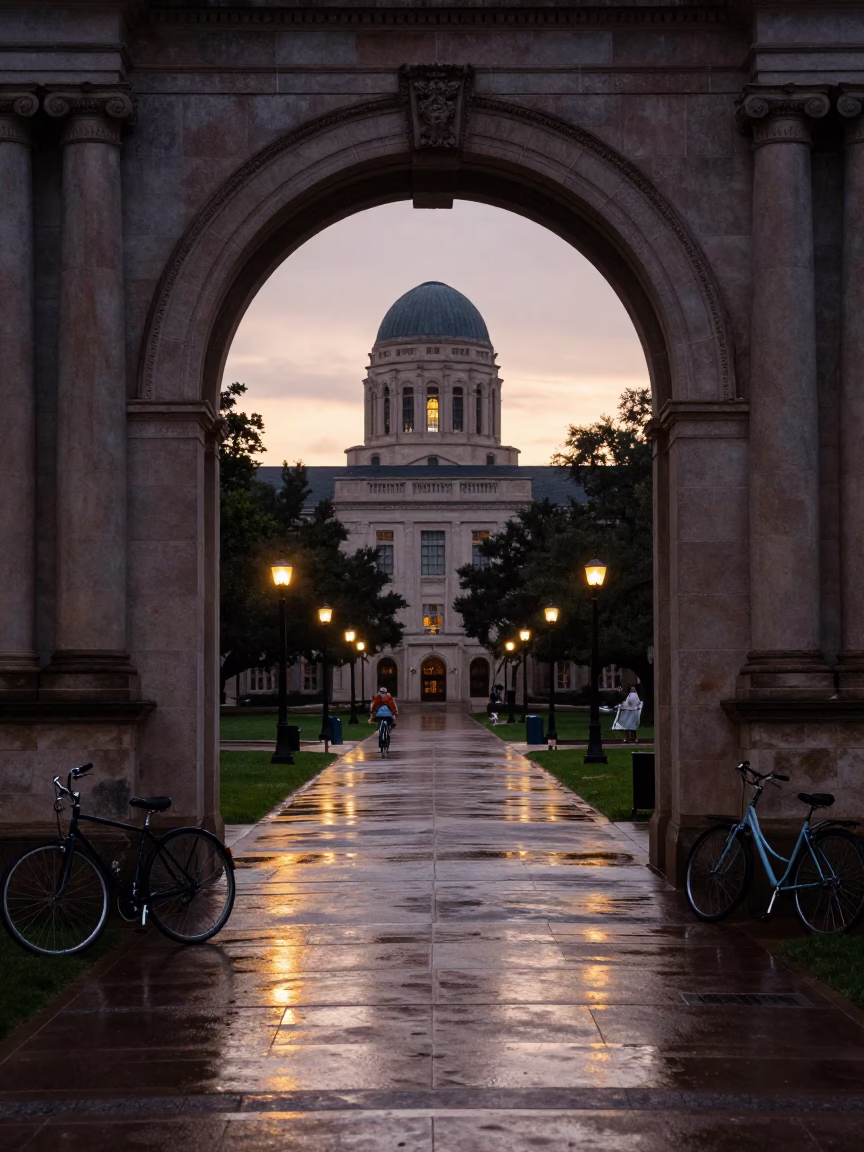 Dawn light on Austin Texas university archway framing wet bicycle rack and campus path in in Austin, Texas, United States