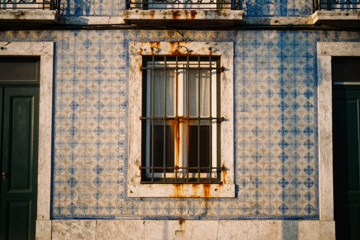 Dawn Light on Azulejo Tiles and Rust in Lisbon Portugal Street Scene in in Lisbon, Portugal
