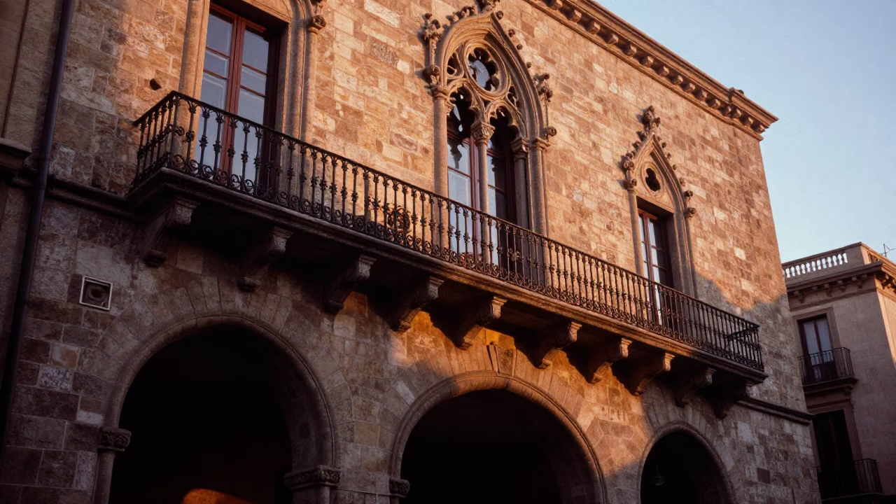 Dawn light on Barcelona Gothic Quarter stone arches and wrought iron balcony details in in Barcelona, Spain