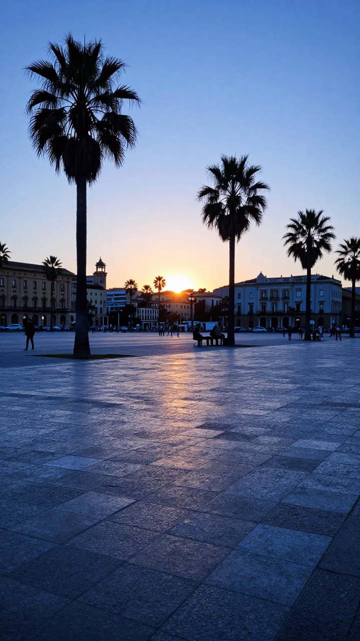 Dawn Light on Barcelona Plaça Real Stone Paving and Brass Fixtures in in Barcelona, Spain