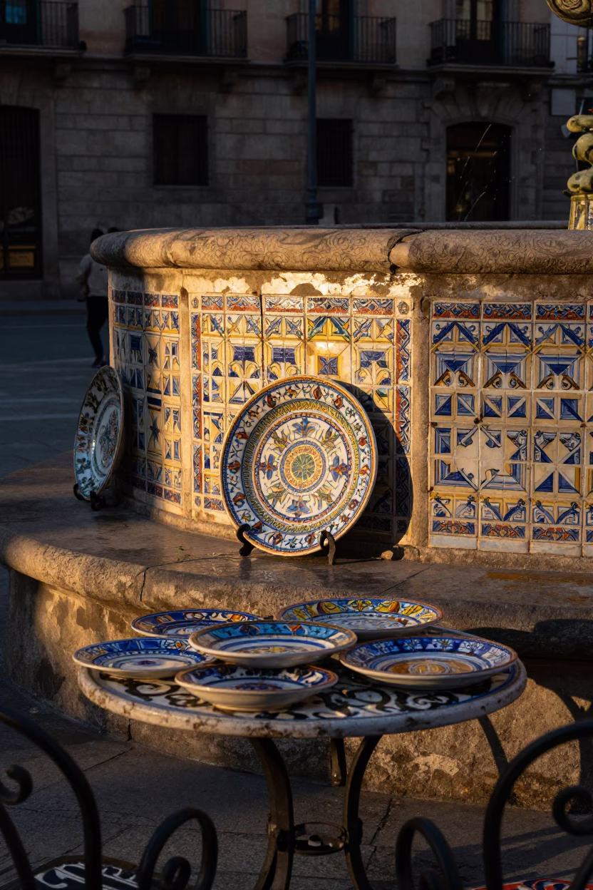 Dawn Light on Barcelona Plaza with Vintage Majolica Plate and Brushed Steel Mirror Edge in in Barcelona, Spain