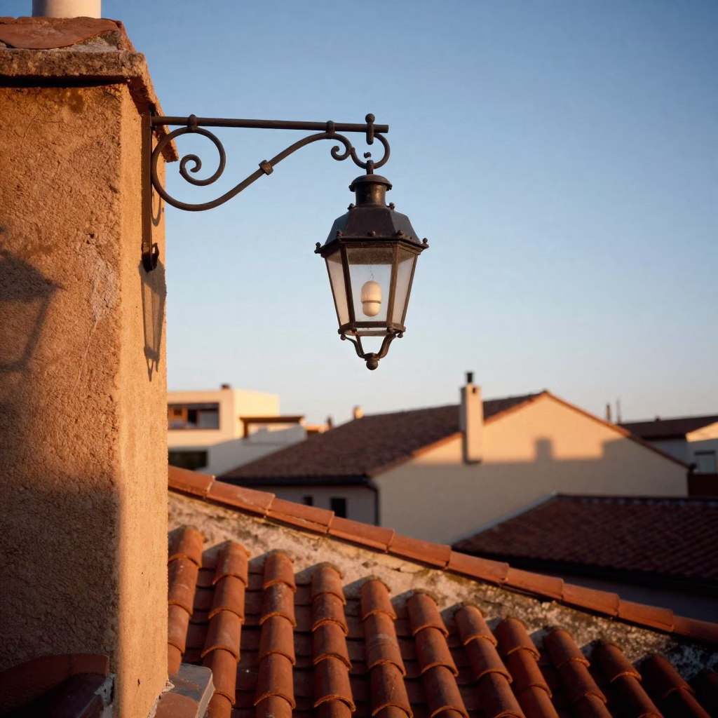 Dawn Light on Barcelona Rooftops with Traditional Lantern and Pomegranate Detail in in Barcelona, Spain