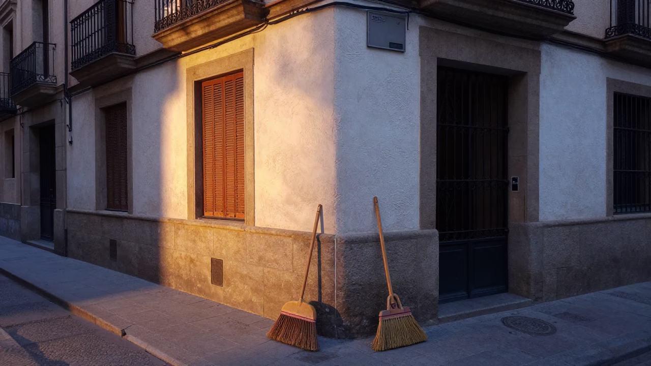 Dawn Light on Barcelona Street Corner with Brooms and Vintage Bicycles in in Barcelona, Spain