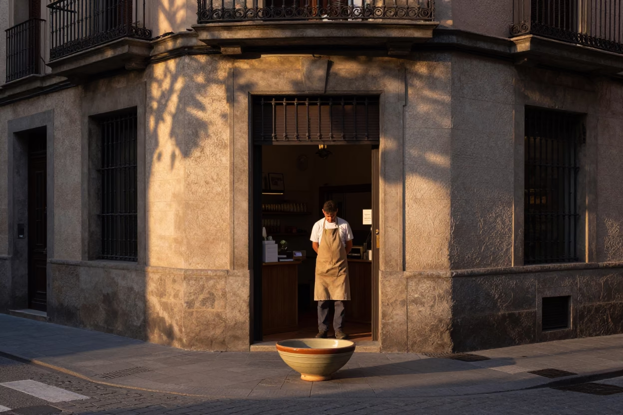 Dawn light on Barcelona street corner with ceramic bowl and apron in in Barcelona, Spain