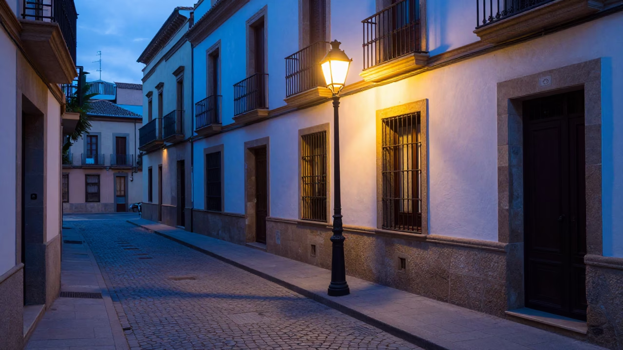 Dawn Light on Barcelona Street with Old Floor Lamp and Cleaning Brush in in Barcelona, Spain