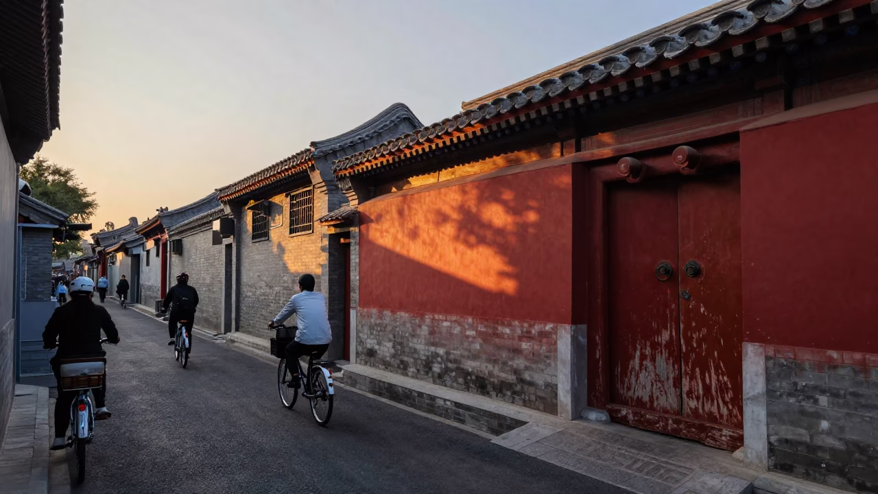 Dawn Light on Beijing Hutong Street with Bicycle Commuters and Traditional Architecture in in Beijing, China