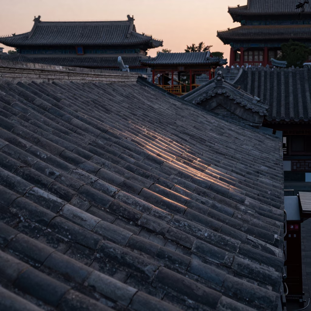 Dawn light on Beijing hutong tiles with traditional sampan boat in canal in in Beijing, China