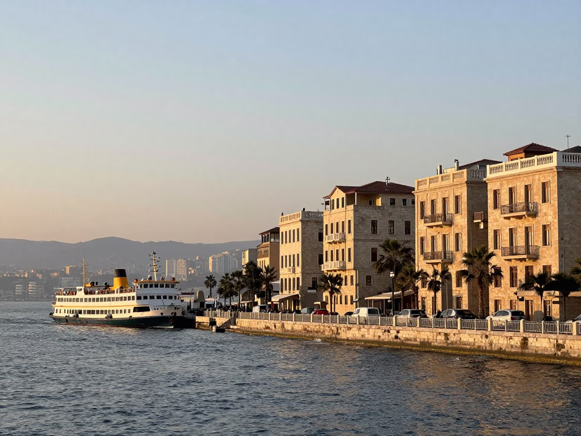 Dawn Light on Beirut Corniche Street Scene with Ferry and Urban Morning Activity in in Beirut, Lebanon