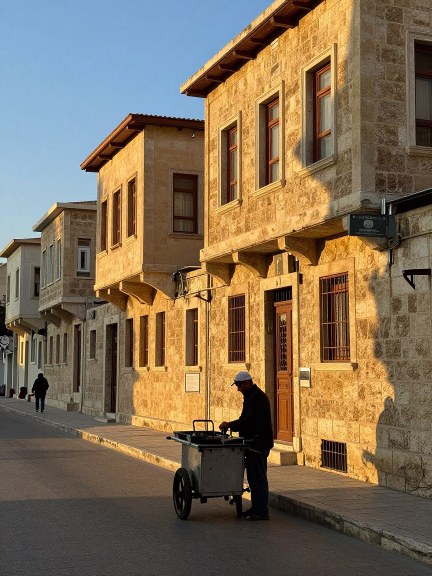 Dawn Light on Beirut Corniche Street Scene with Traditional Lahmacun Plate and Urban Architecture in in Beirut, Lebanon