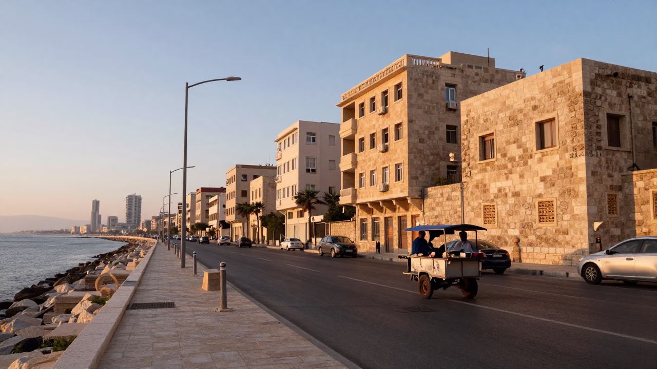 Dawn Light on Beirut Corniche Street with Glass Tumbler and Steel Shelf in in Beirut, Lebanon