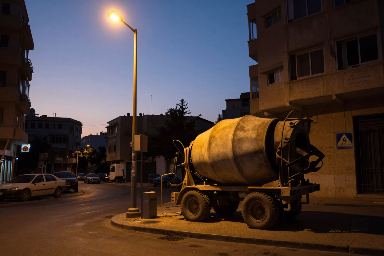 Dawn light on Beirut street corner with construction mixer and local life in in Beirut, Lebanon