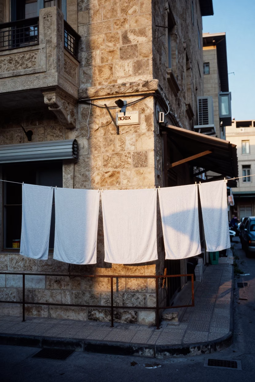Dawn Light on Beirut Street Corner with Drying Towels and Glass Bottle in in Beirut, Lebanon