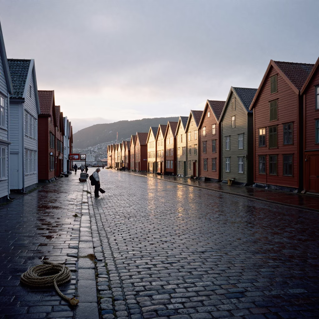 Dawn Light on Bergen Cobblestones with Coiled Rope and Notebook in in Bergen, Norway