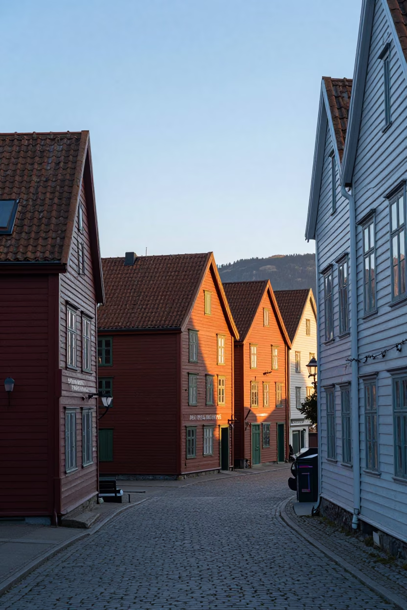 Dawn Light on Bergen Norway Historic Bryggen Wharf with Colorful Wooden Storehouses in in Bergen, Norway