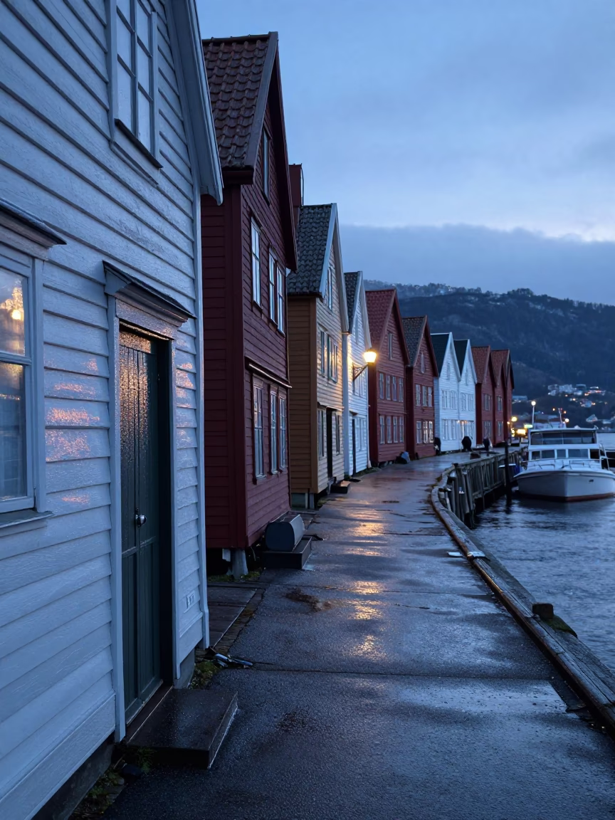 Dawn Light on Bergen Norway Wharf with Condensation and Wet Cobblestones in in Bergen, Norway