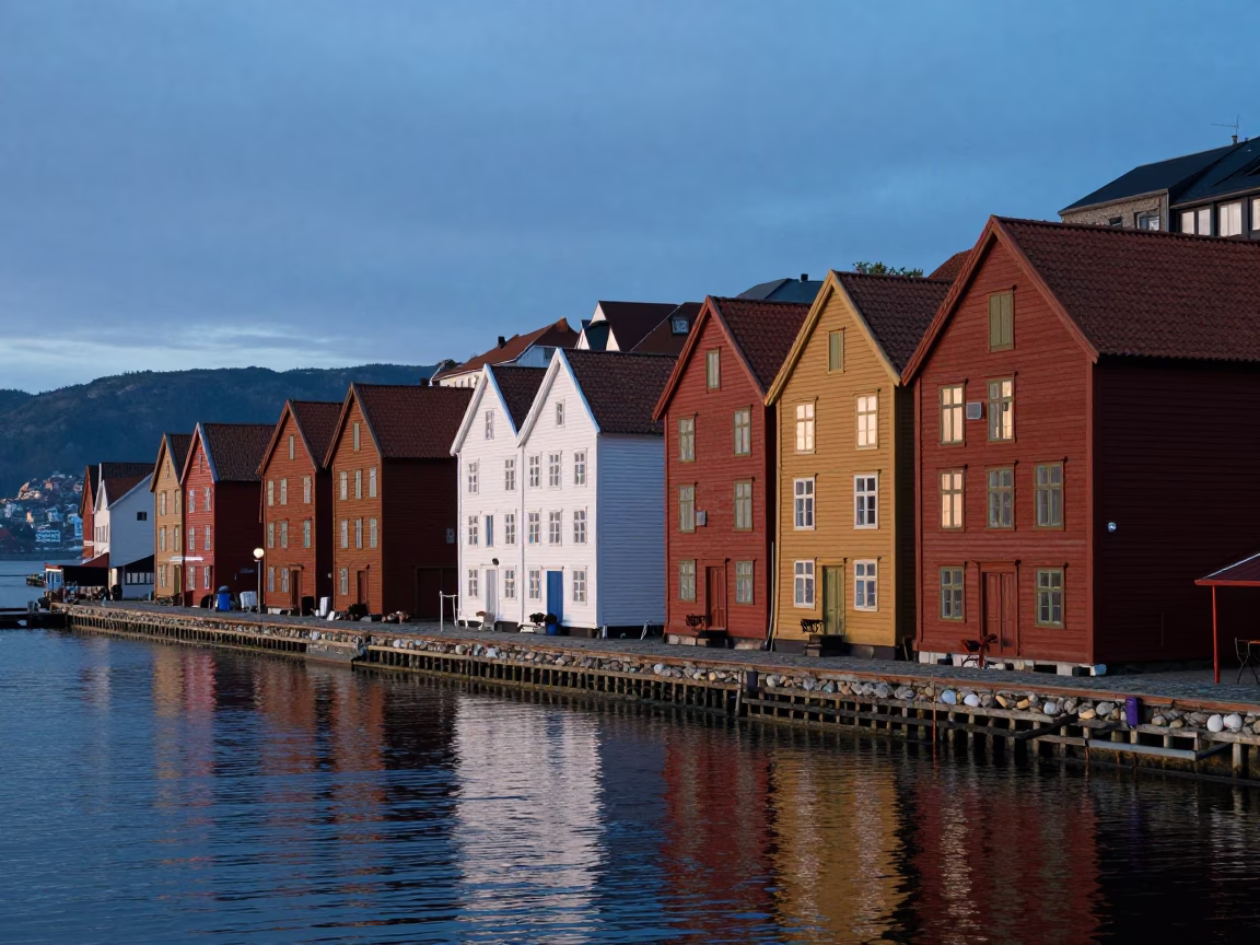 Dawn Light on Bergen Wharf Wharf Buildings and Wooden Pier in in Bergen, Norway