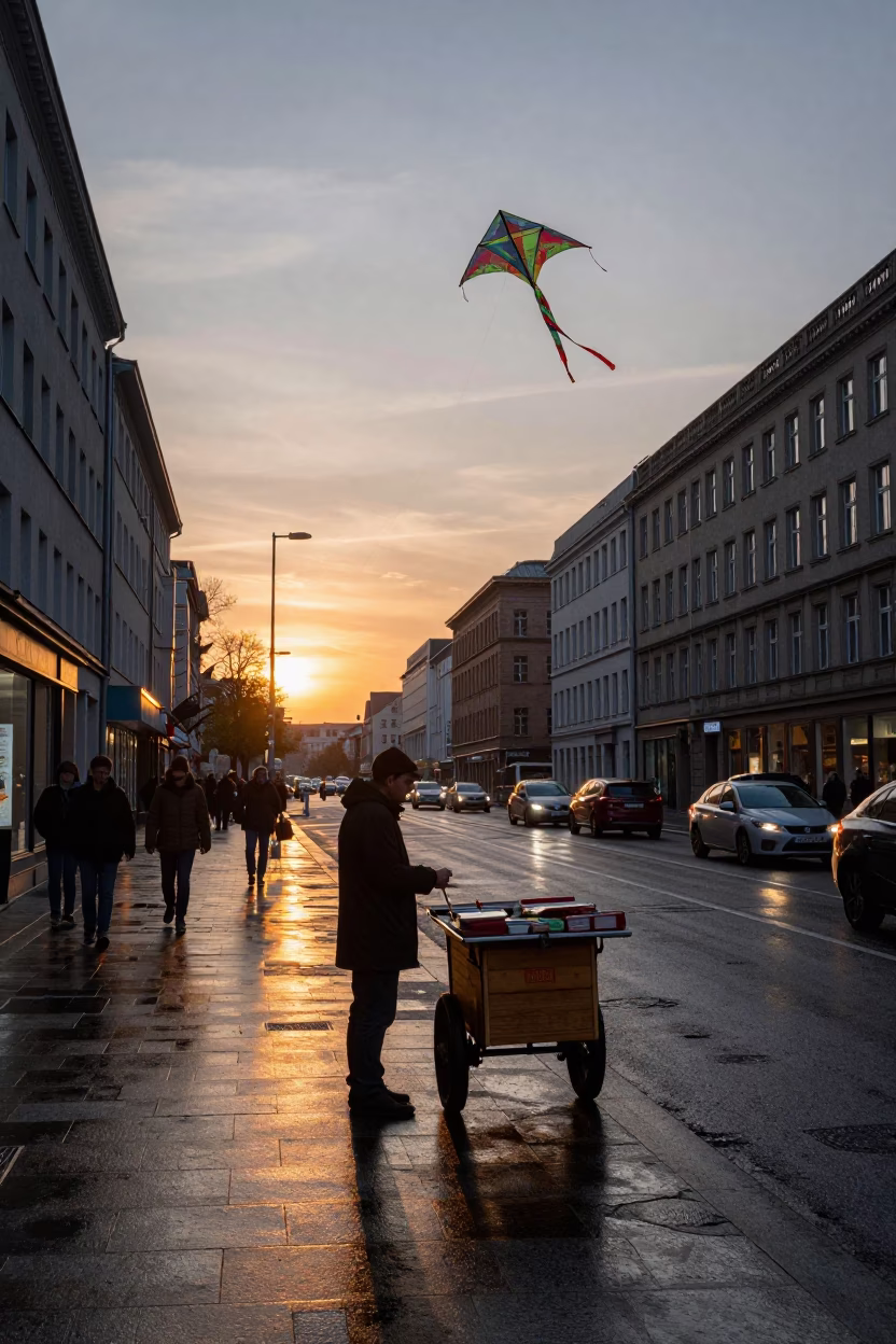 Dawn Light on Berlin Kurfürstendamm Street Vendor with Kite Reel and Coffee in in Berlin, Germany