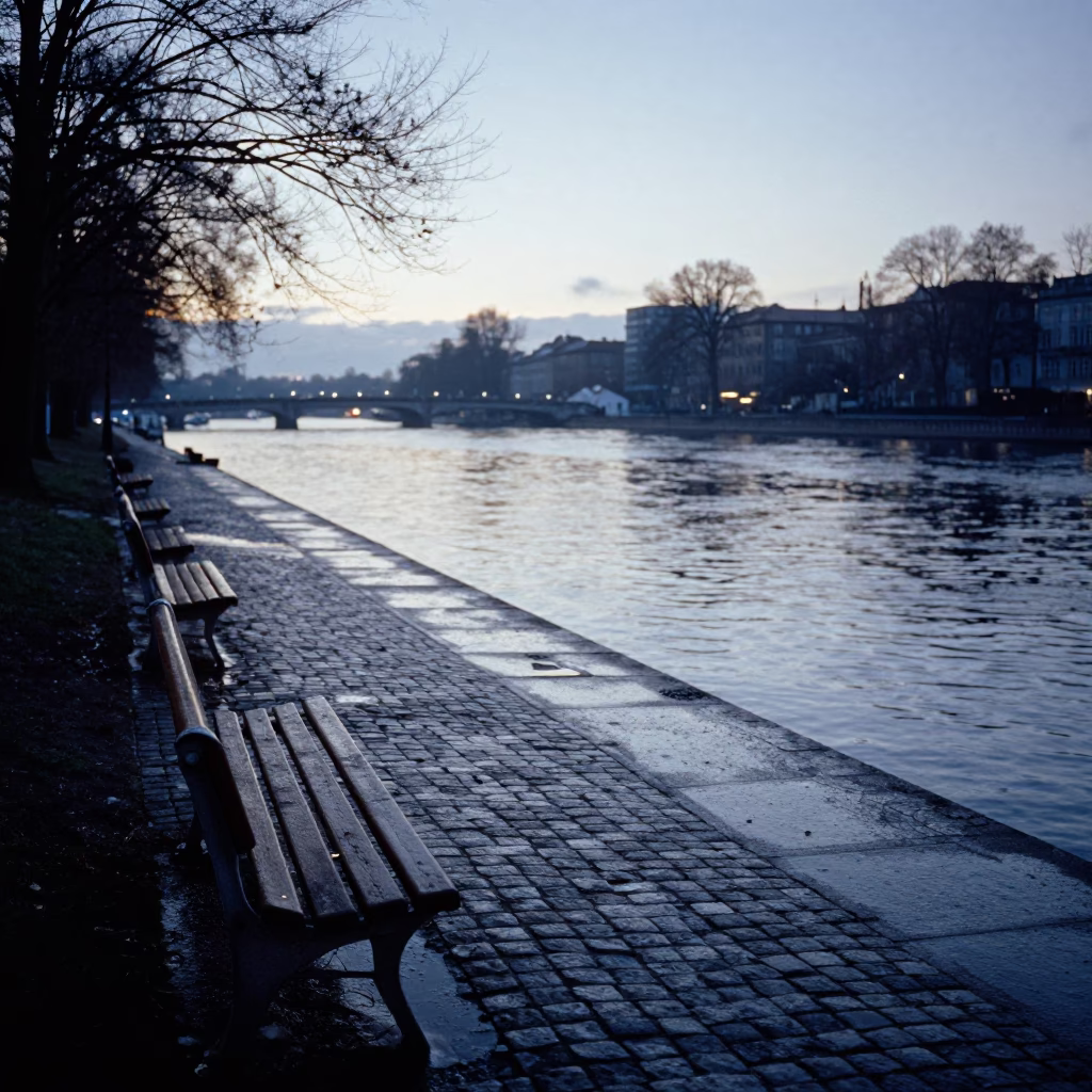Dawn Light on Berlin Riverbank Garden Benches and Wet Cobblestone Path in in Berlin, Germany
