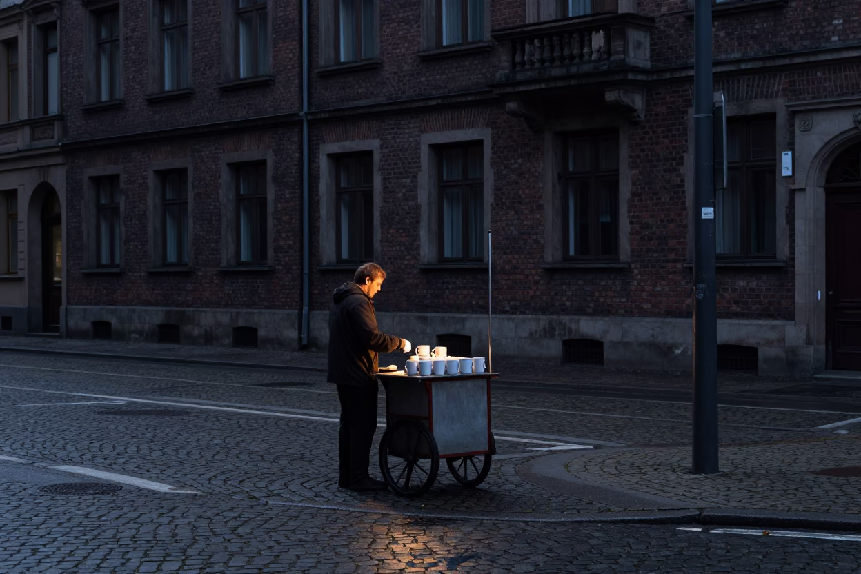Dawn Light on Berlin Street Corner with Coffee Mugs and Pigeons in in Berlin, Germany