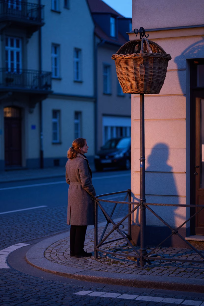 Dawn Light on Berlin Street Corner with Vintage Wicker Basket and Morning Commuters in in Berlin, Germany