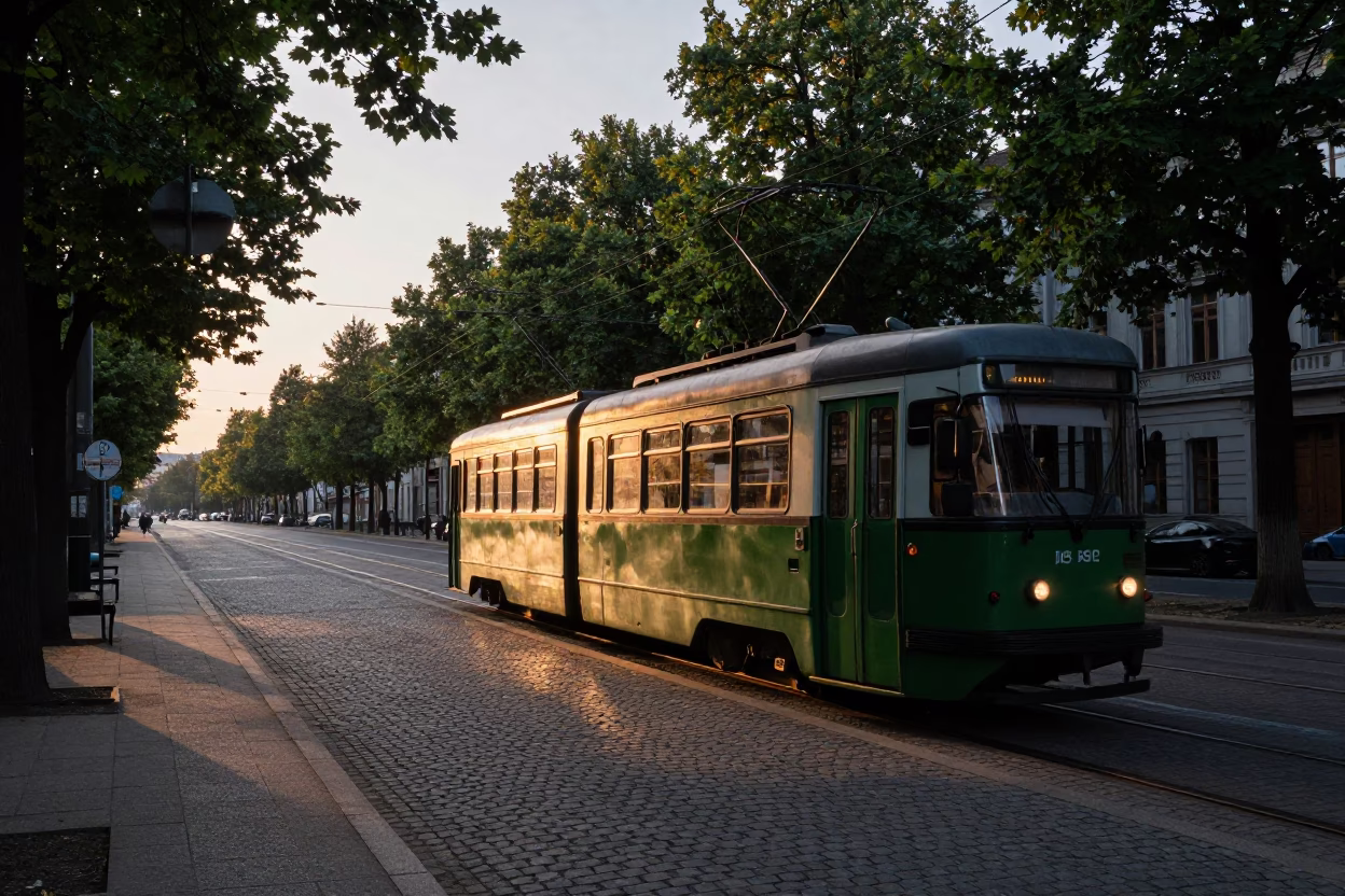 Dawn Light on Berlin Street with Old Trolley and Busy Morning Commuters in in Berlin, Germany