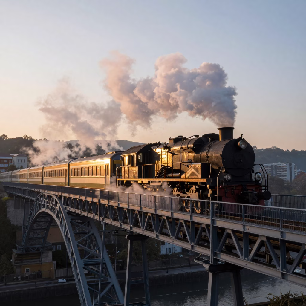 Dawn Light on Bilbao Bridge with Steam Locomotive Crossing Over Nervion River in in Bilbao, Spain
