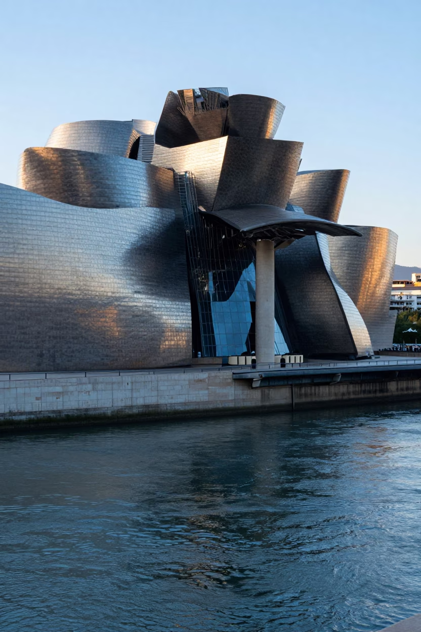 Dawn light on Bilbao Guggenheim titanium curves and Nervion river mist in in Bilbao, Spain