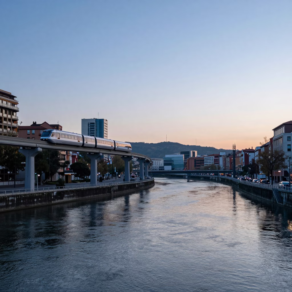 Dawn Light on Bilbao's Nervion River with Monorail and Chestnut Tree in in Bilbao, Spain