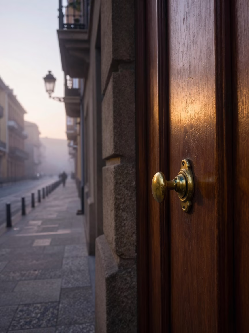 Dawn light on Bilbao stone streets with brass fixtures and quiet morning activity in in Bilbao, Spain