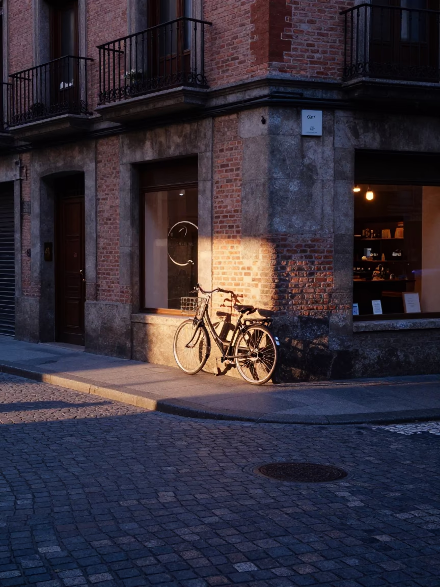 Dawn Light on Bilbao Street Corner with Bicycle and Bakery Signage in in Bilbao, Spain