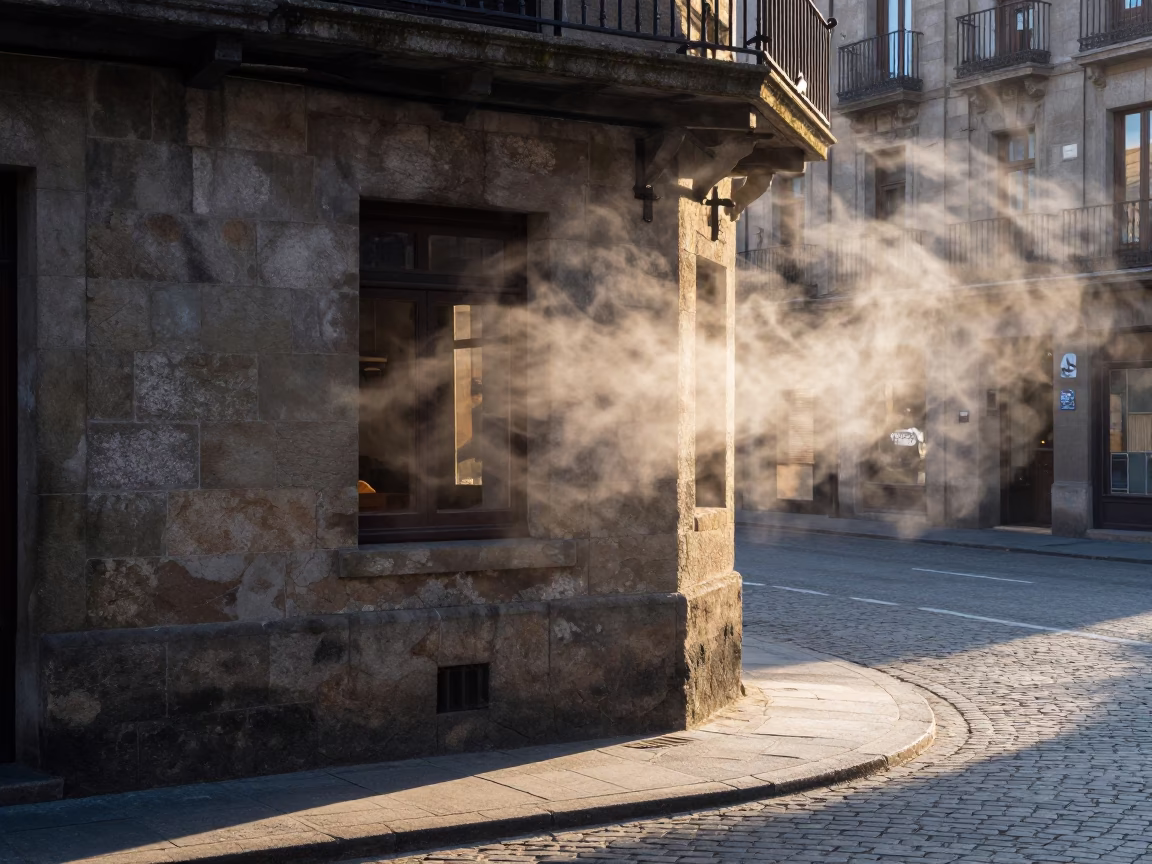 Dawn Light on Bilbao Street Corner with Steam and Canisters in in Bilbao, Spain