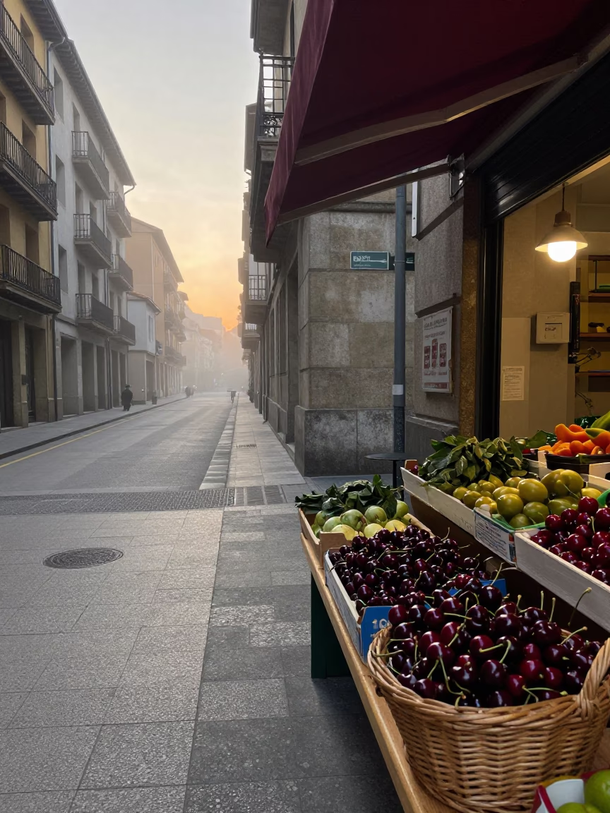 Dawn light on Bilbao street with local market produce and kitchen tools in in Bilbao, Spain