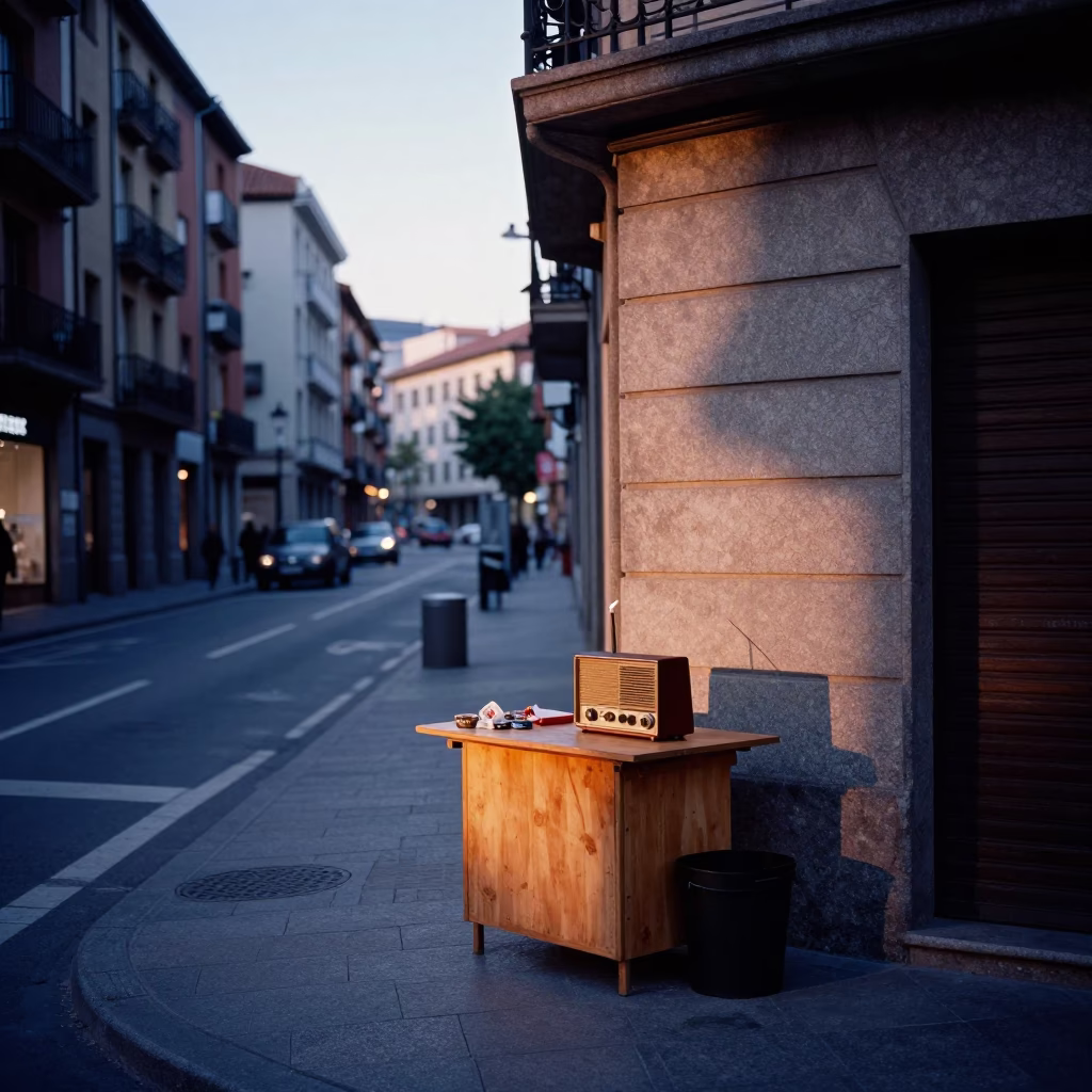 Dawn Light on Bilbao Street with Vintage Radio and Blue Porcelain Plate in in Bilbao, Spain
