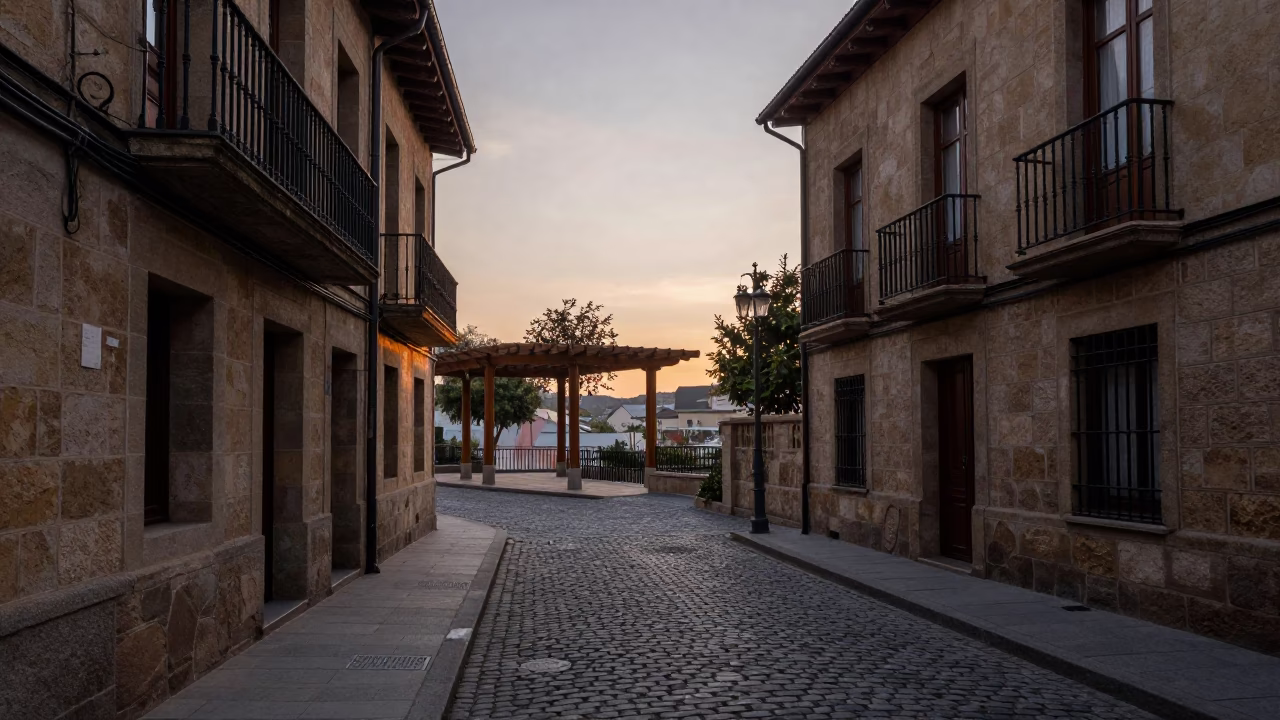 Dawn light on Bilbao streets capturing vintage 1970s life and local architecture in in Bilbao, Spain