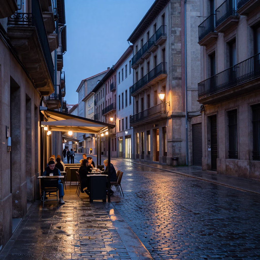 Dawn Light on Bilbao Streets with Tiramisu Dessert and Fish Scale Patterns in in Bilbao, Spain