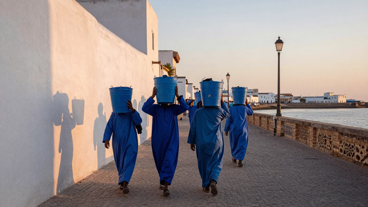 Dawn Light on Blue Porters Carrying Water Buckets in Essaouira Morocco in in Essaouira, Morocco
