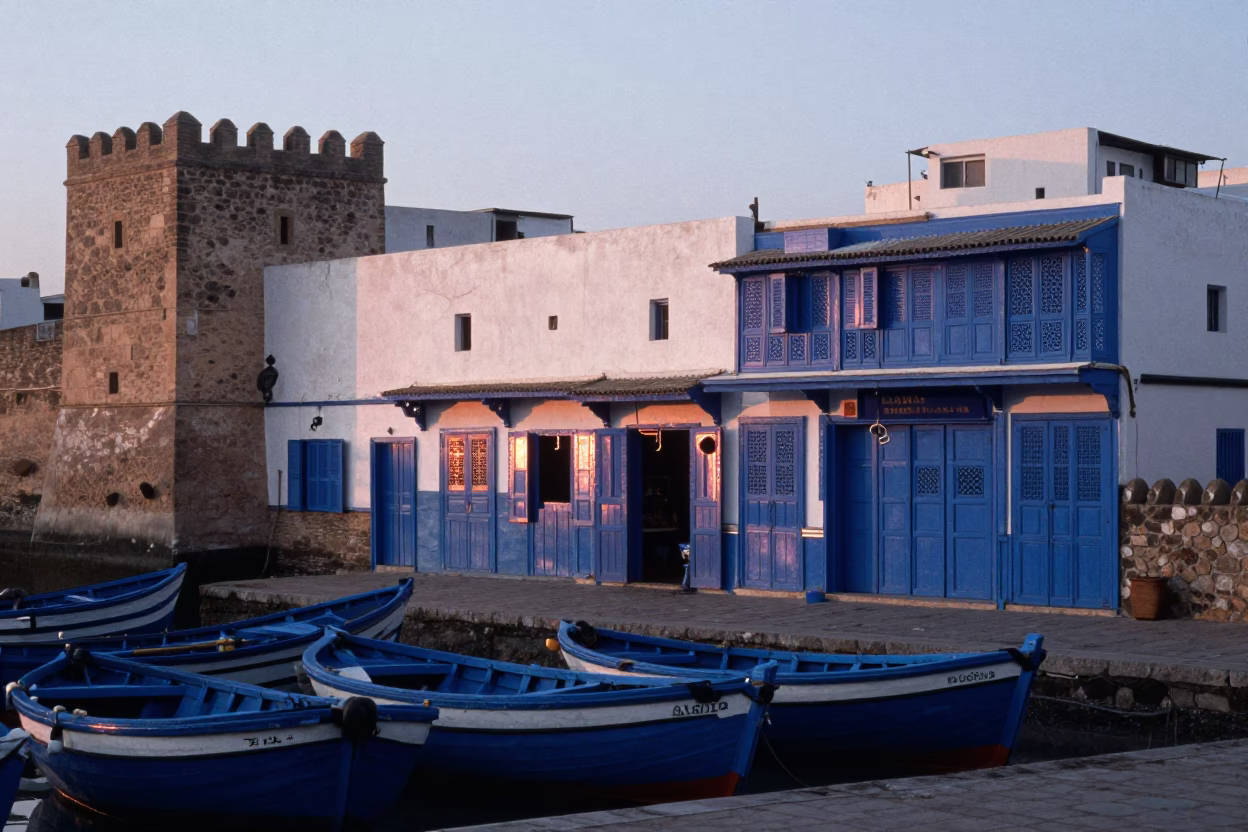Dawn Light on Blue Portico and Fishing Boats in Essaouira Morocco in in Essaouira, Morocco