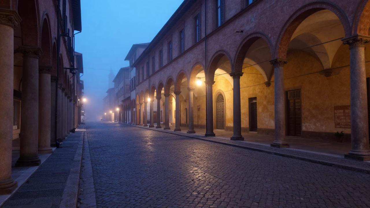 Dawn light on Bologna porticoes and quiet Via Zamboni street before sunrise in in Bologna, Italy