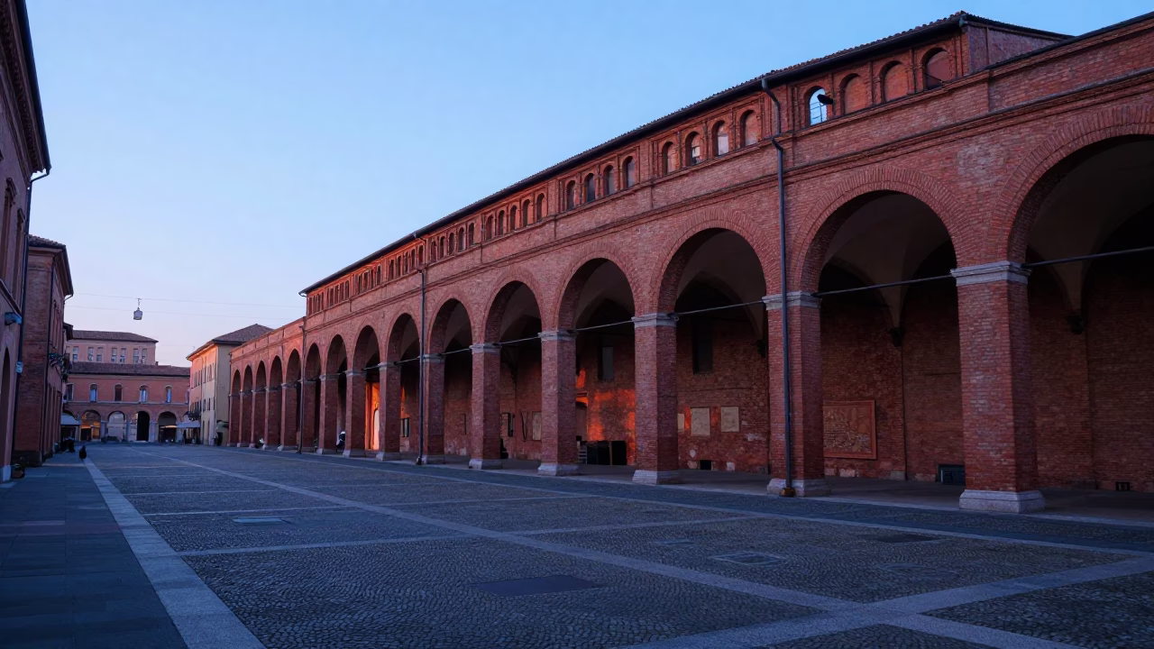 Dawn Light on Bologna's Historic Porticoes and Red Brick Architecture in in Bologna, Italy