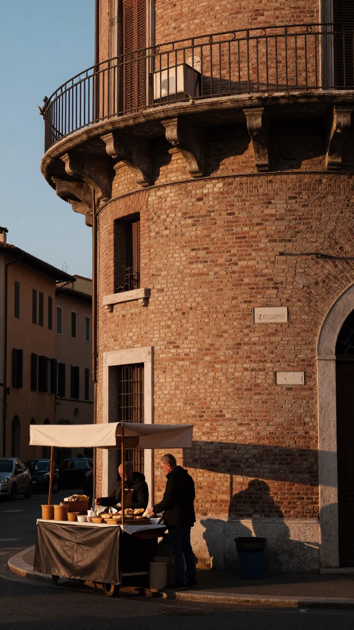 Dawn light on Bologna street corner with vendor and glass bottles in in Bologna, Italy