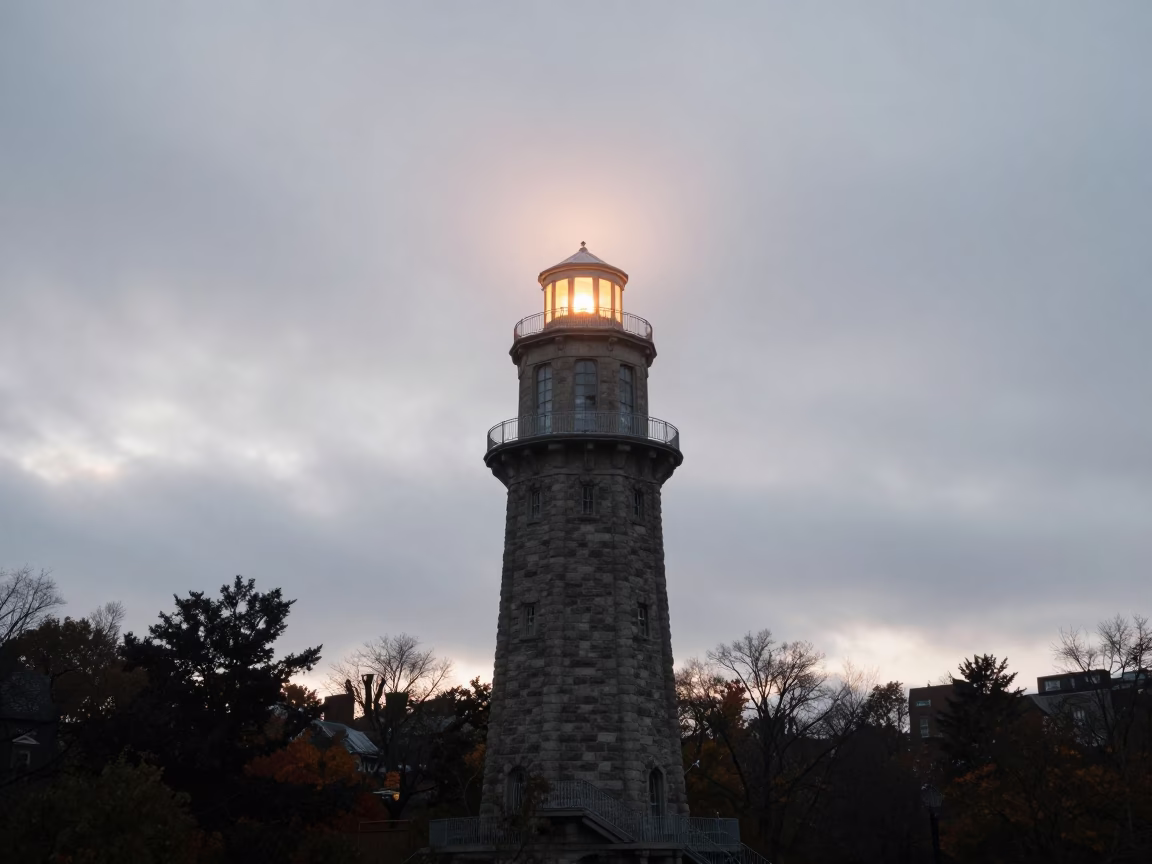 Dawn Light on Boston Charles River Reservoir Intake Tower Under Low Clouds in in Boston, Massachusetts, United States