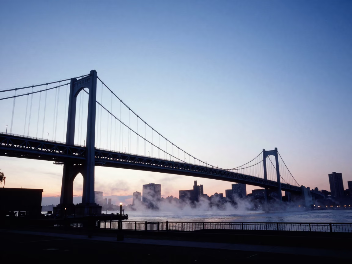 Dawn Light on Boston Harbor Bridge with Steam Rising from Coffee Cups in in Boston, Massachusetts, United States