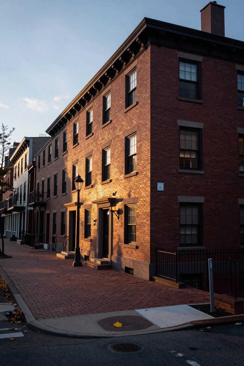 Dawn Light on Boston Harbor Street Corner with Leaf Shadows and Hydrangeas in in Boston, Massachusetts, United States